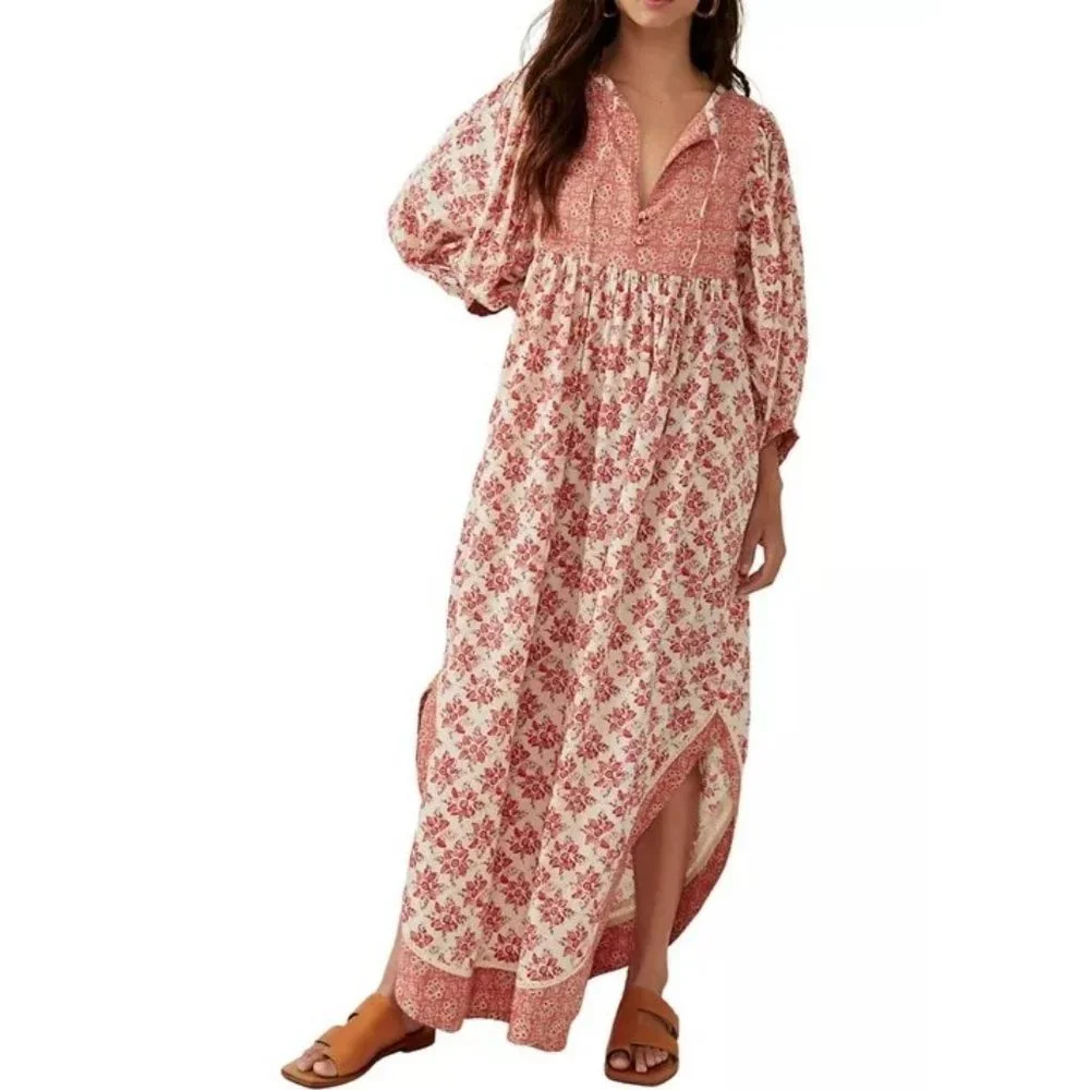Free People Floral Boho Midi Dress in Dusty Rose and Cream WORN ONCE